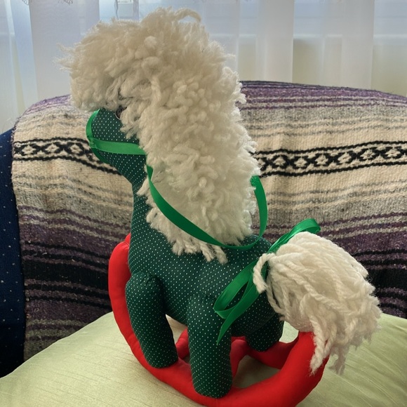 VINTAGE HOBBYHORSE HANDCRAFTED GREEN DOTTED SWISS WHITE MANE RED ROCKERS 12”tall - Picture 6 of 8